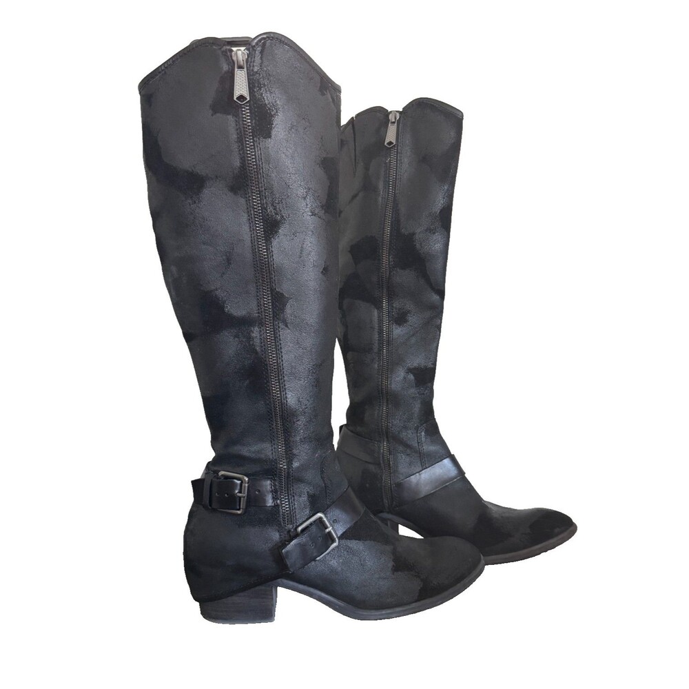 Donald J Pliner Dela Black Leather Tall Riding Moto Boots Buckle Womens 9 M